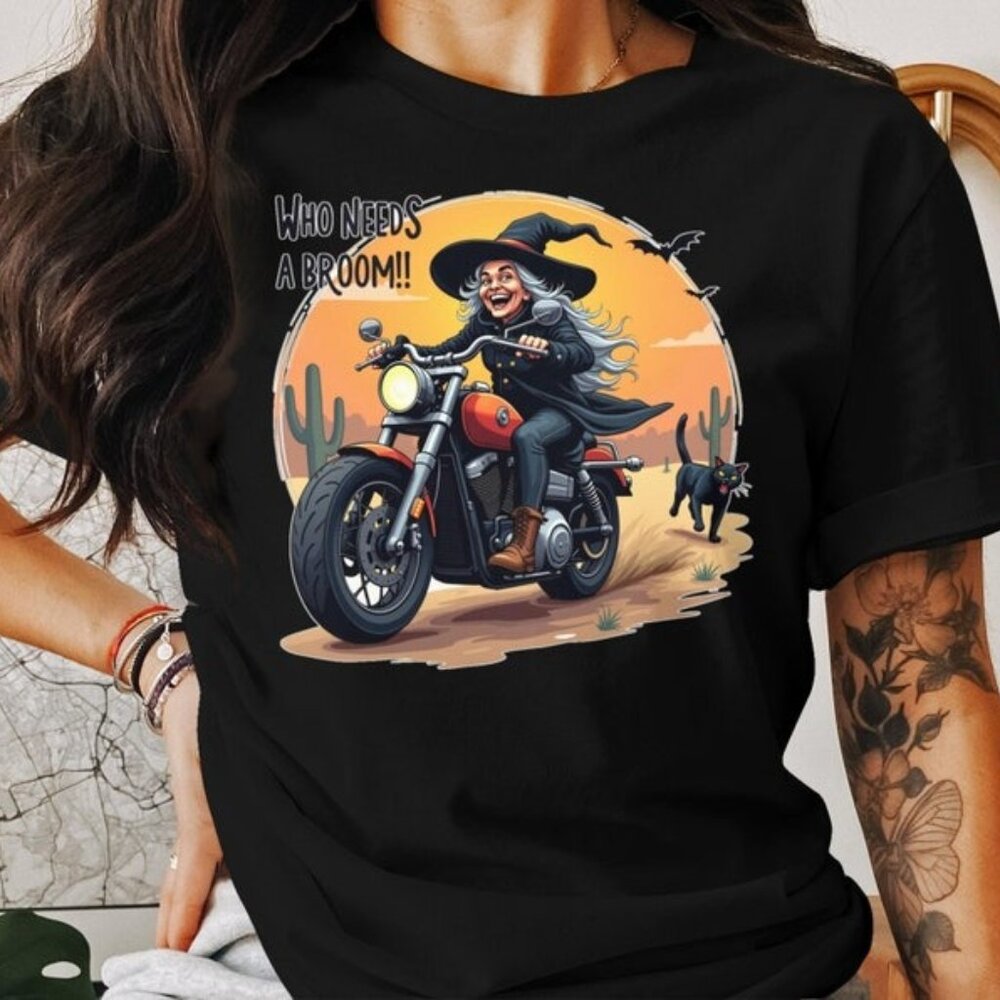 Funny Witch Biker T-Shirt, Halloween Motorcycle Shirt, Witch on Bike Tee